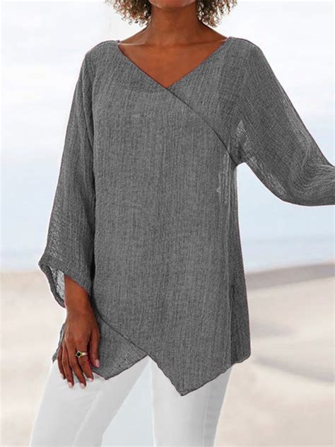 Woman Fashion Paneled V Neck Solid 34 Sleeve Tops Noracora