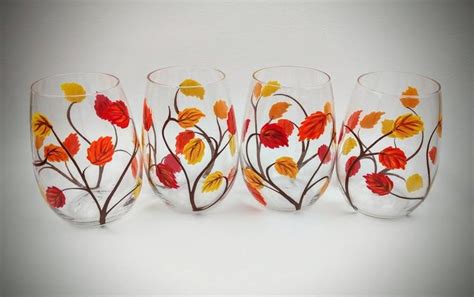 4 Fall Leaf Stemless Hand Painted Wine Glasses Autumn Leaves Etsy