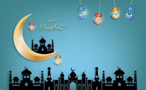 Gold Moon With Eid Mubarak Greeting Ramadan Kareem Vector Wishing For