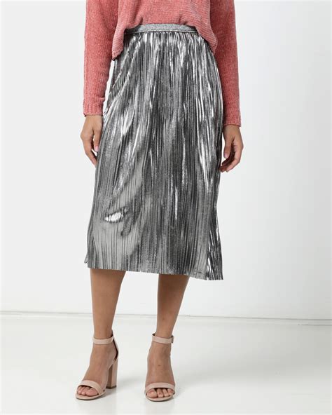 Legit Pleated Foil Midi Skirt Silver Zando