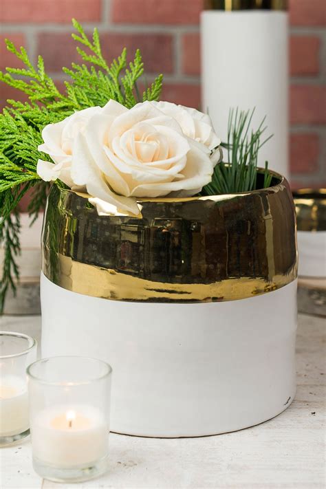 White And Gold Ceramic Claire Vase Pot 7 5 X 6 25 Gold Ceramic