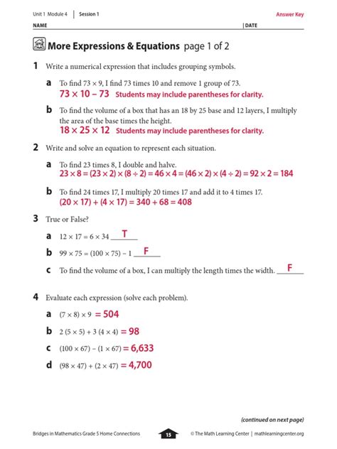 Bridges In Mathematics Grade 5 Home Connections Answer Key Pgs 15 18