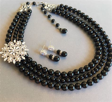 Complete Jewelry Set In Black Pearl Necklace Bracelet Earrings Etsy