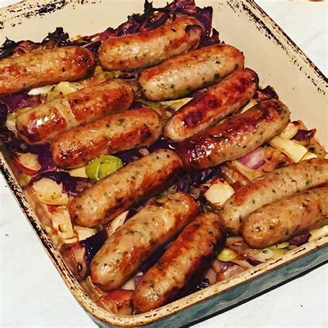 Sausage Bake Pork And Leek Sausages Cooked With Some Leeks Red Onion