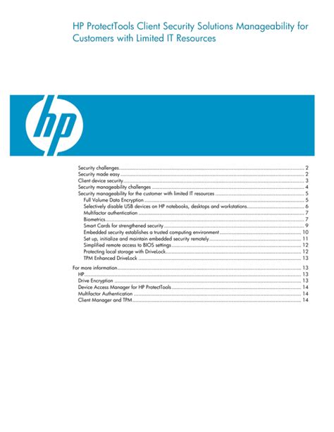 Hp Protecttools Client Security Solutions Manageability For