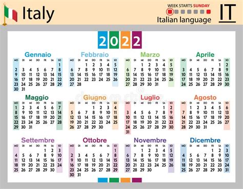 Italian Horizontal Pocket Calendar For 2022 Week Starts Sunday Stock