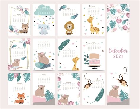 Premium Vector Cute Woodland Calendar 2021 With Baby Animals