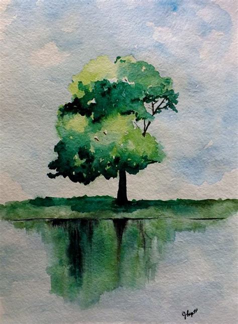 Original Peinture Aquarelle Arbre Vert Simple Réflexion Etsy France