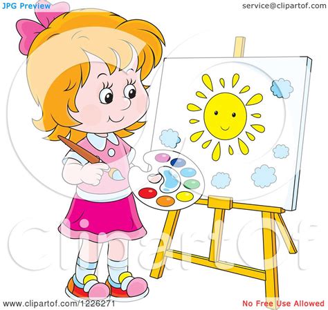 Clipart Of A Caucasian Girl Painting A Sun On A Canvas