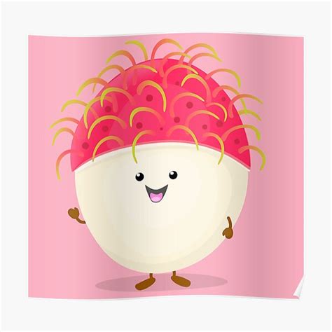 Cute Pink Happy Rambutan Cartoon Character Illustration Poster For