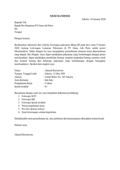 Atas perhatian bapak/ibu saya ucapkan banyak terima. Contoh Surat Lamaran Pekerjaan Untuk Penjualan Dan Retail ...