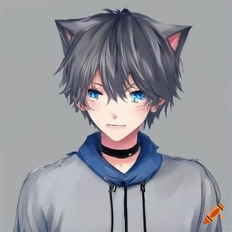 Neko Boy With Grey Hair Blue Eyes And A Tail