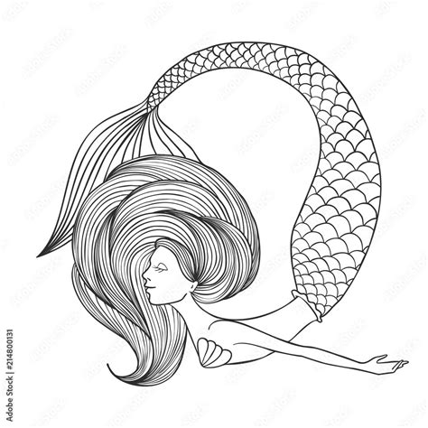 Hand Drawn Linear Cute Girl Mermaid For Coloring Book Stock Vector