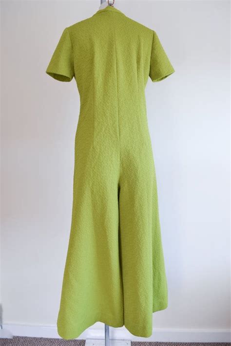 1960s 70s green palazzo leg zip front jumpsuit 60s by veramode green texture catsuit palazzo