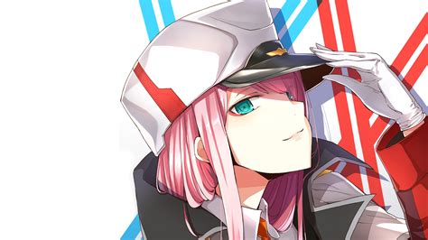 Darling In The Franxx Zero Two With Hat With White Background And Blue And Red Lines K Hd Anime