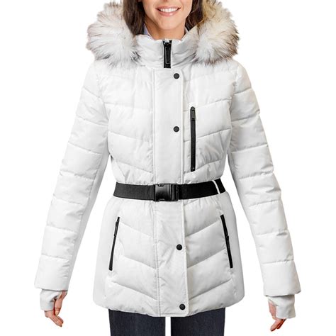 London Fog Womens Fur Lined Hood Belted Puffer Jacket White Size