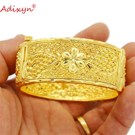 Adixyn Big Flower Desigh Wide Bangle 24k Gold Color Cuff Bracelet Jewelry For Women Indian Dubai