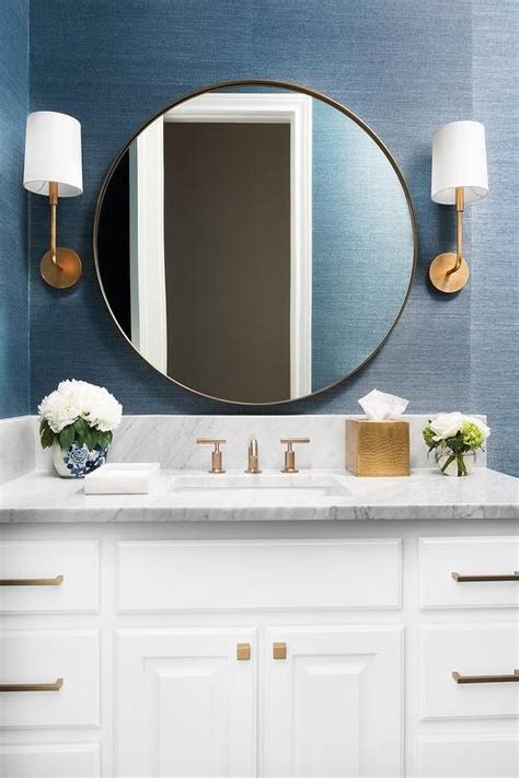White And Gold Bathroom With Blue Grasscloth Wallpaper Transitional