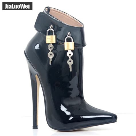 Jialuowei Fashion Cm Ultra High Heels Pointed Toe Zip Buckle Strap Padlock Ankle Short Boots