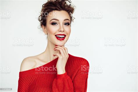 Beautiful Woman Red Sweater And Red Lipstick Stock Photo Download