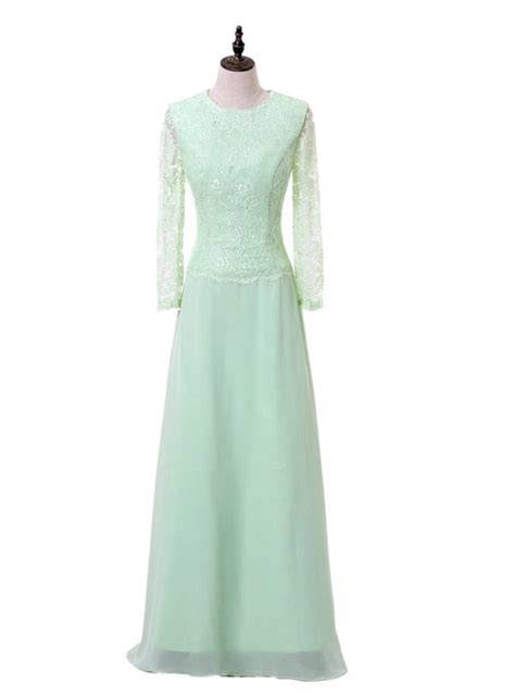 Mint Green A Line Long Sleeves Chiffon Lace Mother Of The Bride Dresses