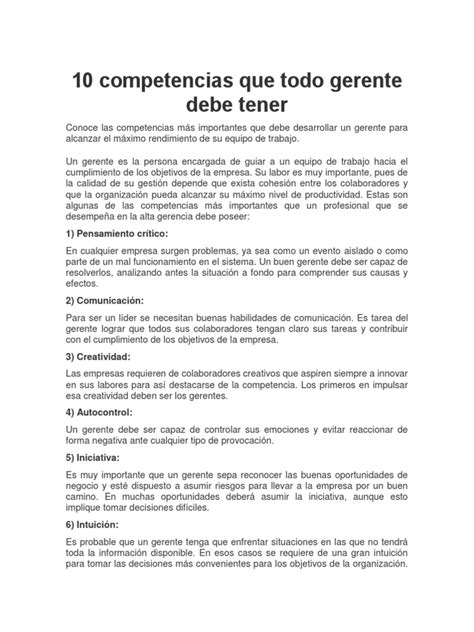 Competencias Que Todo Gerente Debe Tener Pdf Pdf Liderazgo