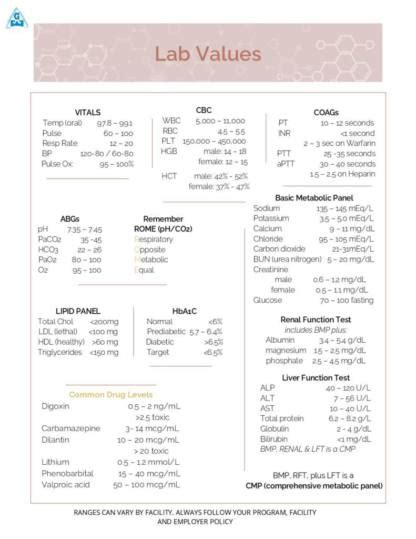 Nursing Cheat Sheets Including Electrolytes Abgs Lab Values And