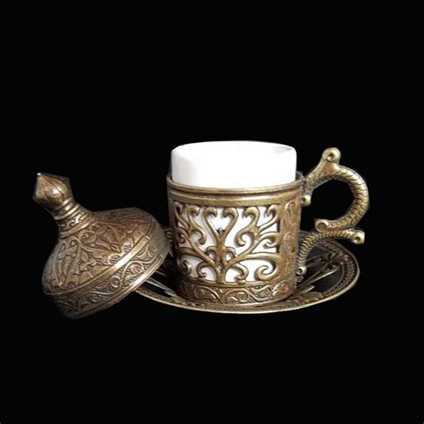 Ottoman Turkish Moroccan Bronze Brass Tea Coffee Saucers Cups Tray Set