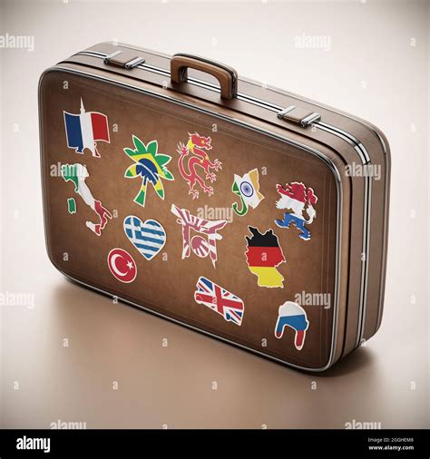 Vintage Koffer Mit Aufklebern Die Ländersymbole Darstellen 3d