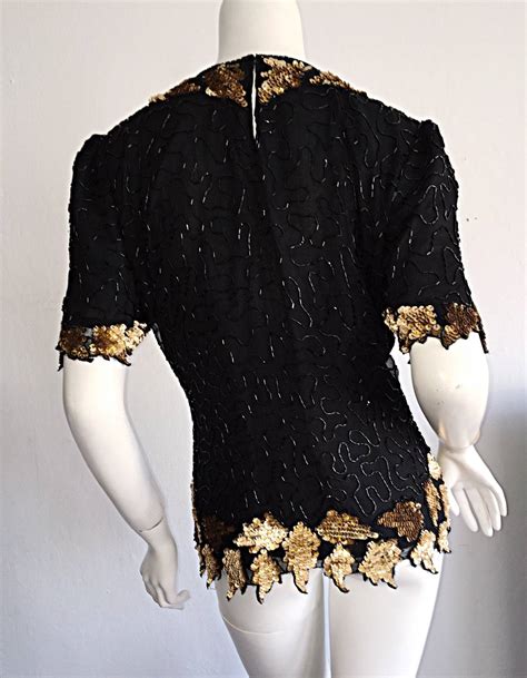 Beautiful Vintage Black Gold Silk Beaded Scalloped Sequin Blouse Top