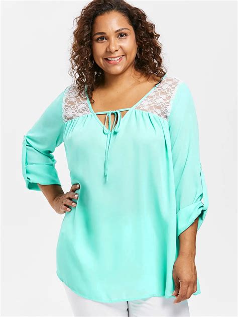 Wipalo Plus Size 5xl Lace Trim Tie Front Roll Tab Sleeve Blouse Casual