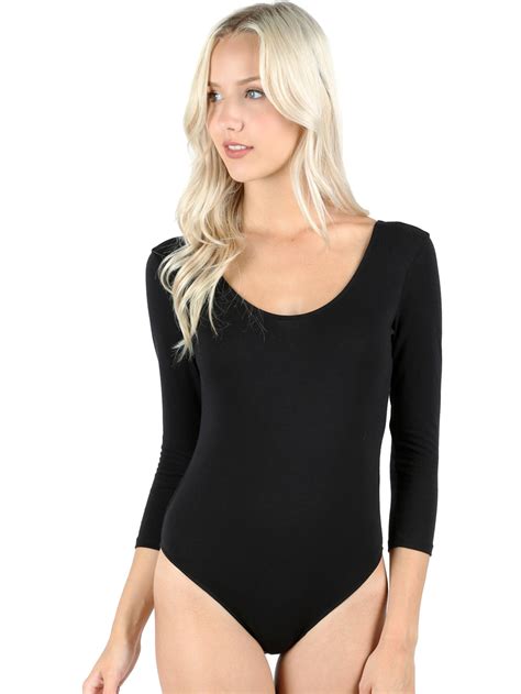 Women S Solid 3 4 Sleeve Scoop Neck Spandex Top Bodysuit Fast And Free Shipping