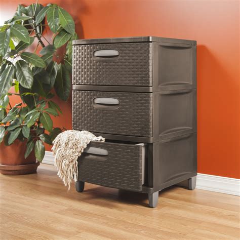 3 Drawer Wide Storage Cabinet Plastic Weave Set Of 2 Home Office