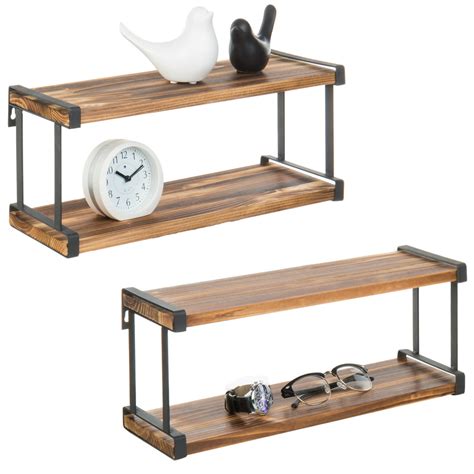 Set Of 2 Urban Rustic Wooden Wall Mounted 2 Tier Floating Shelves With