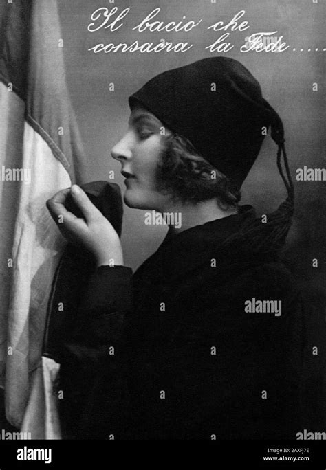 1925 Ca Italy Young Fascist Italian Girl Kissing The Italian Flag With The Fascist Fez Hat