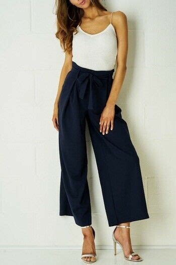 Zara Trafaluc High Tie Waisted Cropped Culottes Pants Navy Blue Size S Ebay Navy Wide Leg