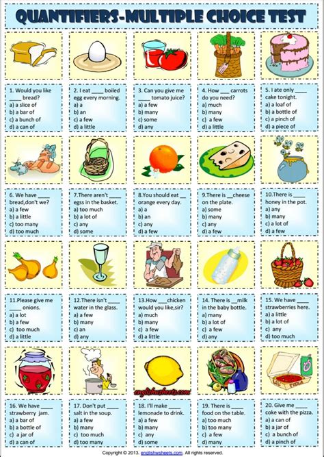 It generally comes before the noun (or noun phrase). Quantifiers Multiple Choice Test ESL Worksheet for Kids ...