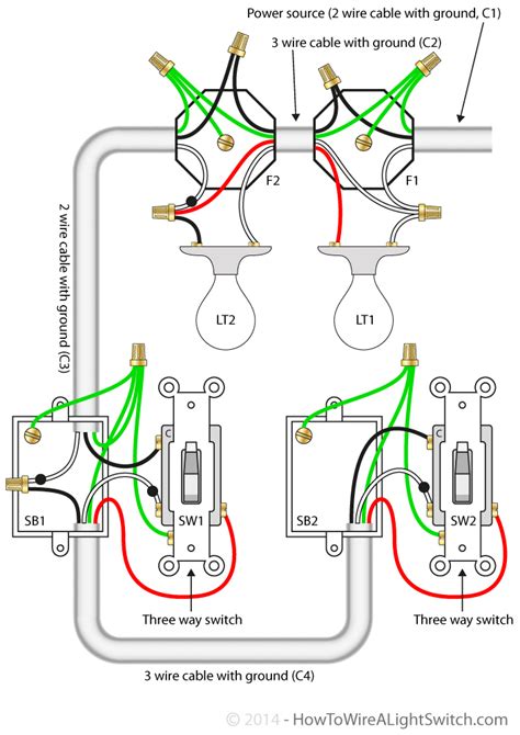 Wiring diagram 2 way switching of a lighting circuit using the 3 plate method connections explained. 2 lights | How to wire a light switch