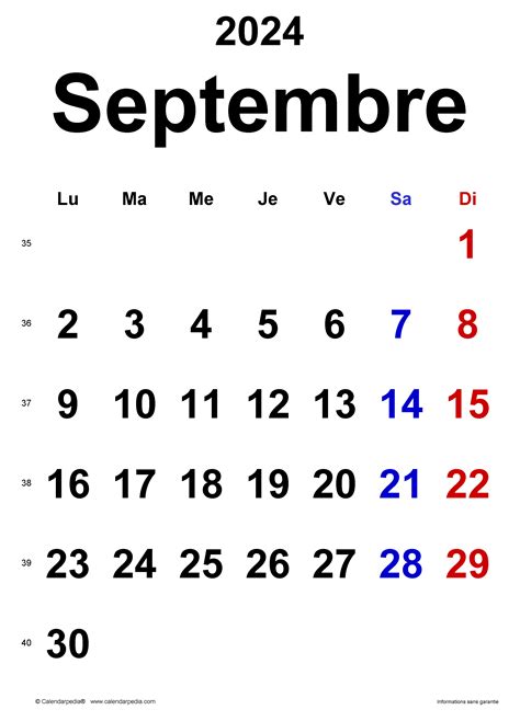 Calendrier Septembre 2024 Excel Word Et Pdf Calendarpedia