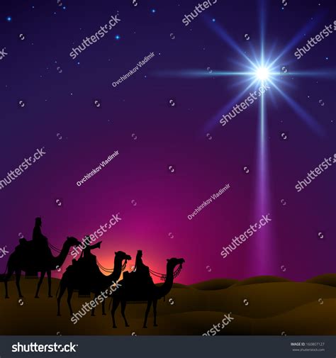 Three Wise Men Follow Star Bethlehem Stock Vector