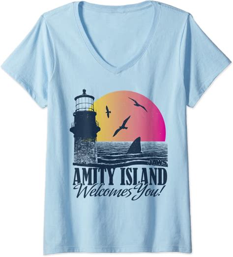 Womens Jaws Amity Island Welcomes You Sunset V Neck T Shirt