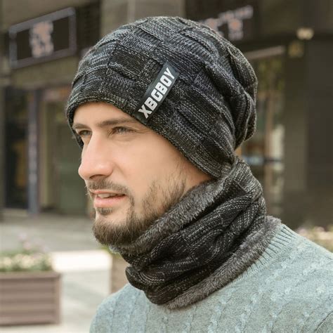 Men Warm Beanie Winter Hat Thicken Hat And Scarf Two Piece Knitted ...