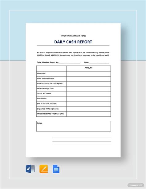 Daily Cash Report Template In Excel Word Google Sheets Pages Google