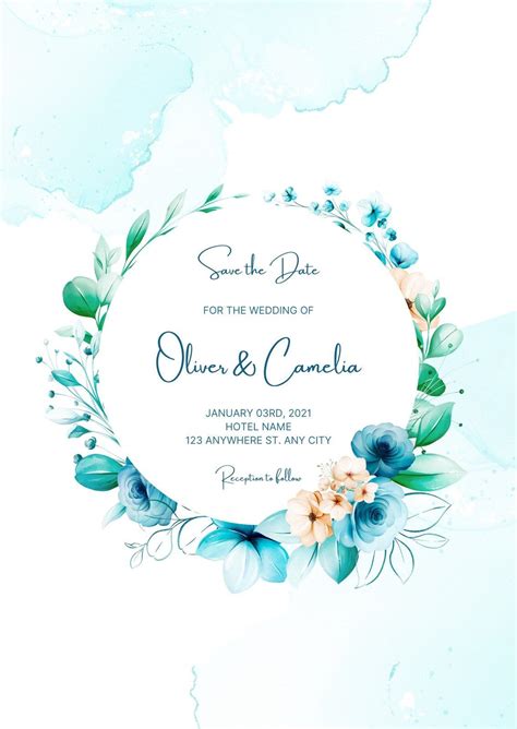 A Wedding Card With Watercolor Flowers And Leaves On The Front In Blue