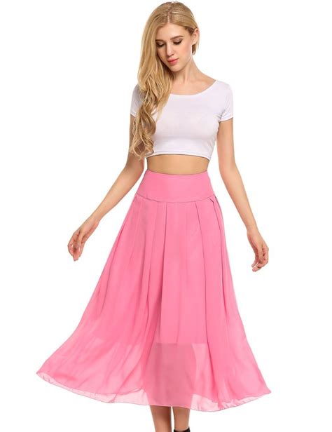 Zeagoo Chiffon Pleated Maxi Skirt Pink Chiffon Long Skirts For