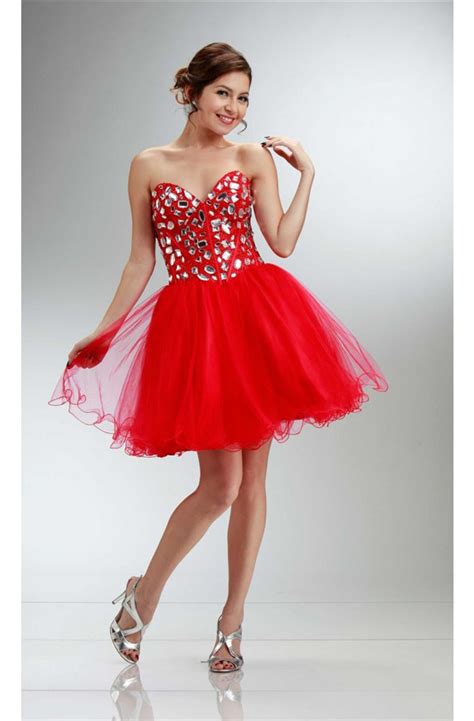 Gorgeous Ball Strapless Short Red Tulle Beaded Cocktail Prom Dress
