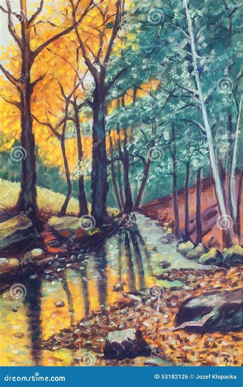 Landscape Oil Painting With River In Autumn Forest Stock Photo Image