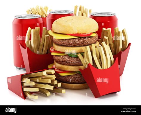 Triple Sized Hamburger French Fries And Soda 3d Illustration Stock