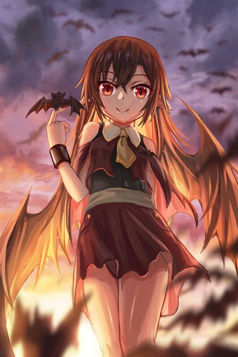 Safebooru 1girl Ascot Backlighting Bat Bat Wings Clouds Freeze Ex From Below Long Hair Looking