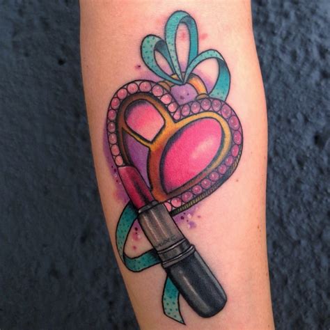 Cute Girly Ribboned Heart And Lipstick Tattoo On Forearm Tattooimagesbiz